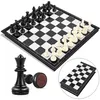 A chess set with black and white pieces on a chessboard, with a close-up of a black queen and a folded chess board. Produktbild-Vorschau
