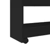 A close-up view of the bottom corner of a black storage cart, showing one of its wheels. Podgląd zdjęcia produktu