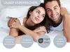 A couple lying in bed, with marketing text and icons below. Produktbild-Vorschau