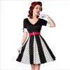 Vintage Retro Godet Kleid mit Gürtel in weiß/schwarz Größe Produktbild-Vorschau 2