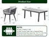 A diagram showing the dimensions of a patio furniture set, including a chair and a table, along with notes about packaging and recommended floor space. Náhľad obrázku produktu