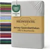 A stack of folded bedsheets in various colors is shown next to a single gray bedsheet with product information and certifications. Produktbild-Vorschau