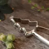 A close-up shot of a silver nutcracker on a wooden surface, with some green hazelnuts in the foreground and blurred green leaves in the background. Produktbild-Vorschau