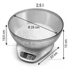 A digital kitchen scale with a transparent bowl filled with white powder, showing dimensions and capacity. Produktbild-Vorschau