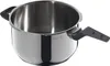 A stainless steel pressure cooker with black handles is shown from a slightly elevated side angle against a white background. Náhled obrázku produktu
