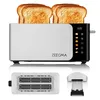 A silver and black toaster with two slices of toast on top, shown from a slightly elevated front angle. Below the toaster are separate views of the toaster slots and a crumb tray. Voir les images du produit