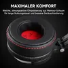 A close-up of a headphone earcup with text overlay describing its features. Produktbild-Vorschau