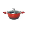 A red and black cooking pot with a glass lid and silver handles, set against a white background. Produktbild-Vorschau