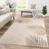 A living room scene with a rug, sofa, and bench.