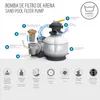 Diagram of a sand pool filter pump with numbered parts and feature icons at the bottom. Produktbild-Vorschau