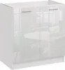 A white high-gloss kitchen cabinet with two doors and silver handles, reflecting a room with tables and chairs. Náhled obrázku produktu