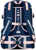 The back of a navy blue and pink backpack with straps and reflective elements. Voir les images du produit