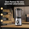 A silver stand mixer is shown on a wooden countertop, with marketing text and icons to the left. Produktbild-Vorschau