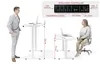A man and a woman are shown using height-adjustable desks in different positions, with dimensions and controller details highlighted. Podgląd zdjęcia produktu