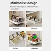 A collage showing a sliding cabinet organizer being used in different scenarios: bedroom, bathroom, kitchen, and sideboard. Produktbild-Vorschau