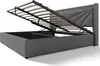 A grey upholstered bed frame with the mattress support mechanism open, revealing the storage space underneath. Produktbild-Vorschau