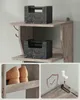 A collage showing a wooden shelf unit with decorative objects, shoes, and an illustration of mounting hardware. Produktbild-Vorschau