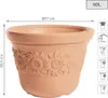 A terracotta pot with sunflower decorations, shown with dimensions and capacity. Podgląd zdjęcia produktu