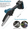 A mini electric chainsaw with specifications and scope of applications shown. Produktbild-Vorschau
