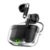 A pair of black wireless earbuds with silver accents are shown in a transparent charging case with a green light inside. Podgląd zdjęcia produktu