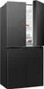 A black French door refrigerator with one door open, showing the interior. Produktbild-Vorschau