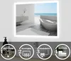 A bathroom mirror with integrated LED lighting, showcasing its features with icons and text. Produktbild-Vorschau