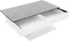 A white coffee table with a gray top, shown with one drawer partially open to reveal storage compartments. Podgląd zdjęcia produktu