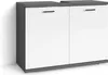 A product shot of a white and gray bathroom cabinet with two doors and metal handles, set against a white background. Produktbild-Vorschau
