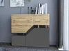 A modern sideboard with a wood-tone top and anthracite base, placed in a living room setting with a grey wall and curtains. Produktbild-Vorschau