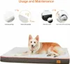 An instructional diagram showing how to unpack and care for a dog bed, with a dog lying on the bed in the foreground. Náhled obrázku produktu