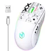 A white wireless gaming mouse with black graphic designs and RGB lighting, shown with its USB receiver and charging cable. Produktbild-Vorschau