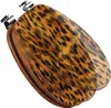 A toilet seat with a leopard print design and wooden edges, shown from a diagonal angle. Produktbild-Vorschau