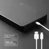 A black digital scale is shown with a USB-C cable plugged into it, indicating it is charging. Text overlays highlight features like 'Fully charged display FULL' and '250mAh LITHIUM BATTERY capacity can be customized'. Náhled obrázku produktu