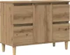 A front view of a wooden cabinet with doors and drawers, standing on four legs. Náhľad obrázku produktu
