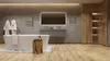 A modern bathroom with a freestanding bathtub, wooden accents, and a heated towel rack. Produktbild-Vorschau