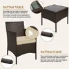 A rattan table and chair set with descriptive text and close-up views of features. Produktbild-Vorschau