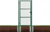 A green metal gate is shown installed in the ground, with concrete foundations visible. Produktbild-Vorschau