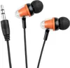 A close-up shot of a pair of black and orange earbuds with a silver audio jack. Produktbild-Vorschau