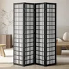 A four-panel folding room divider with a black frame and white grid pattern, set in a well-lit room with furniture. Produktbild-Vorschau