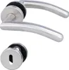 A set of stainless steel door handles and a keyhole escutcheon on a white background. Produktbild-Vorschau