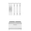 A white hallway furniture set consisting of a coat rack with a mirror and a shoe bench with a drawer. Podgląd zdjęcia produktu