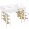 A white metal loft bed with a wooden desk and shelves, shown from a diagonal top-down view against a white background. Podgląd zdjęcia produktu