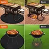 Collage showing a round fire pit mat and a grill mat in different settings, with and without fire. Produktbild-Vorschau