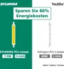 A comparison of a Sylvania LED R7s lamp and a Halogen R7s lamp, highlighting energy savings. Produktbild-Vorschau