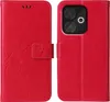 A red flip phone case with floral embossing is shown from the front and back. Produktbild-Vorschau