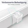 A close-up view of a transparent plastic clip mechanism attached to a white roller blind or similar product. Produktbild-Vorschau