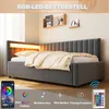 A bedroom scene featuring a gray upholstered bed with integrated LED lighting. Anteprima dell’immagine prodotto