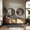 A stylish living room scene featuring a wooden sideboard, decorative items, and a large window. Produktbild-Vorschau