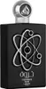 A black perfume bottle with silver accents and an atomic symbol design. Náhľad obrázku produktu