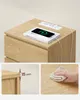 Collage of images showing a wooden nightstand with drawers, a charging station, and details about its dimensions and water resistance. Náhled obrázku produktu